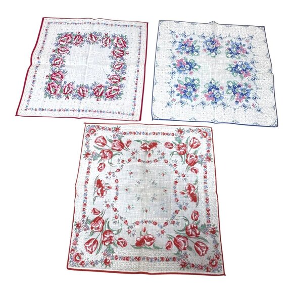 Vintage New Old Stock Blue Red Floral Handkerchiefs Lot 3 Elegant Nostalgia Set - Picture 4 of 8